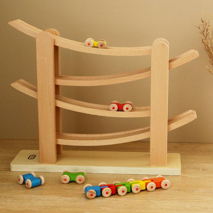 Autorennbahn Wooden - Bunte Rutschbahn 6 Autos - With Ramp for kids and family play, image 8