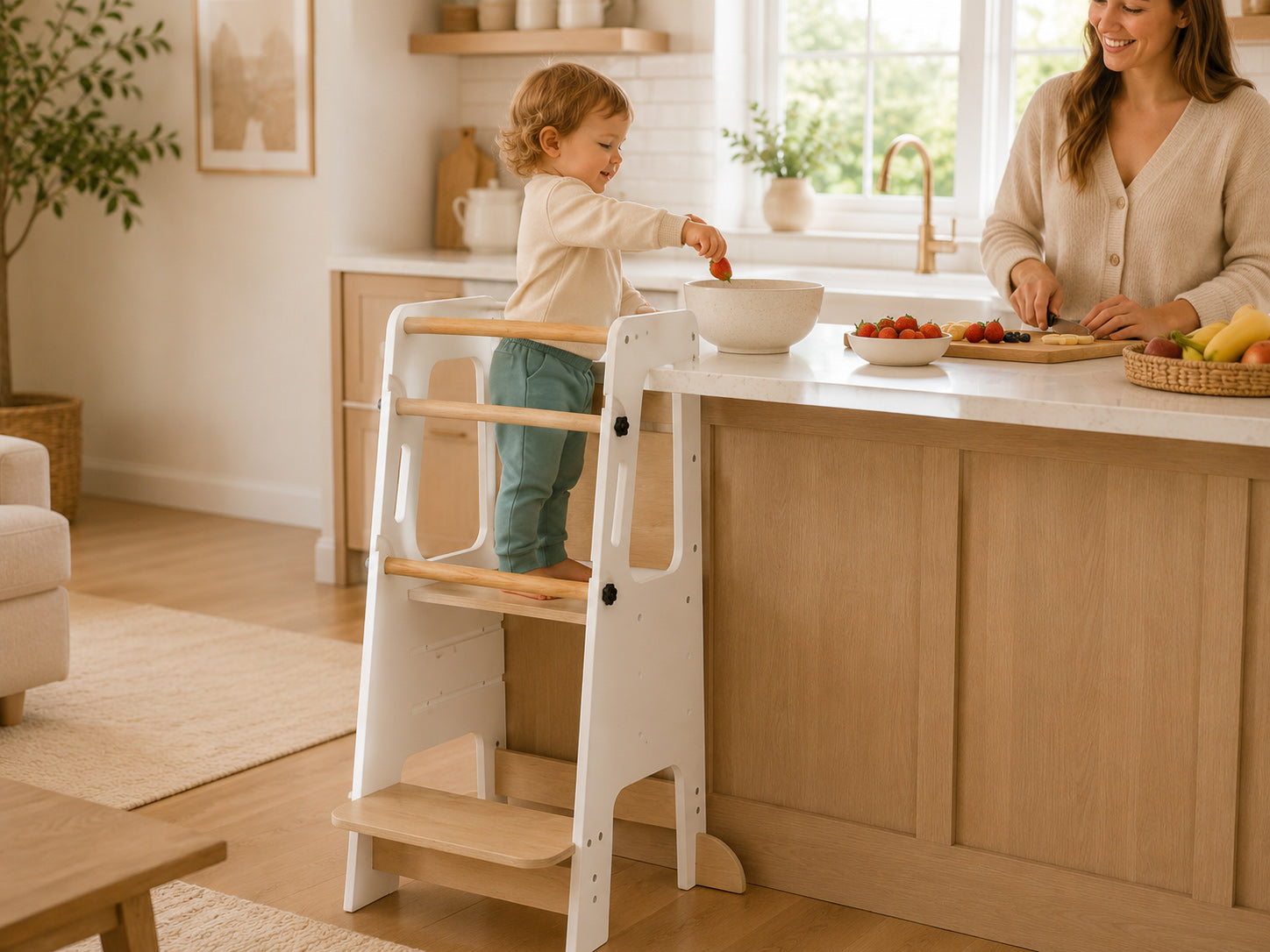 Montessori learning tower helping toddlers safely participate in kitchen activities