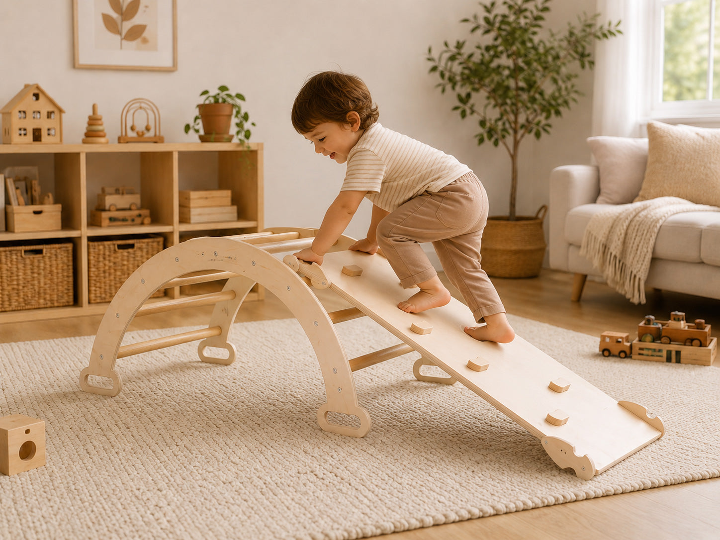 Wooden climbing arch playset helping toddlers practice balance and coordination
