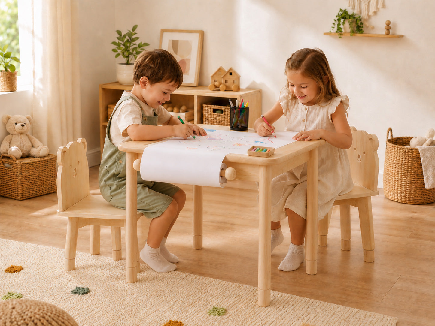 Kids art table with paper roll feature for drawing and creative activities