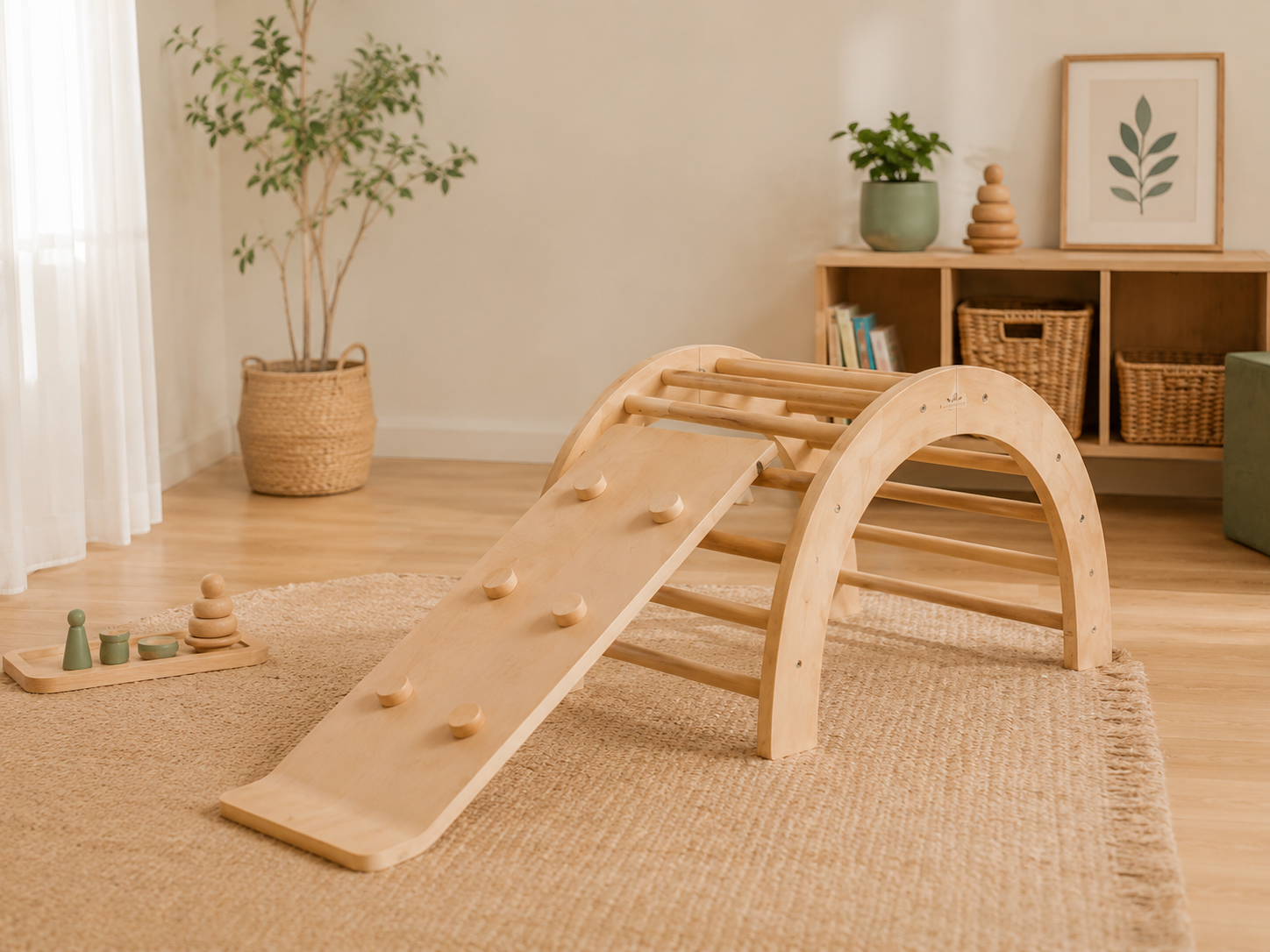 Wooden Pikler triangle, climbing arch and ramp arranged in a bright kids playroom