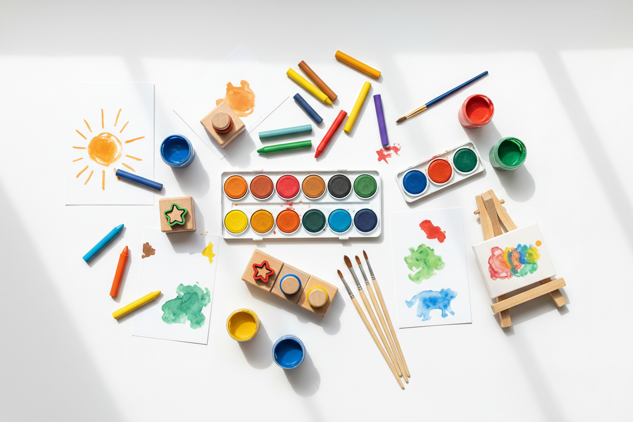 Kids art easel with paints, crayons, drawing boards and craft supplies