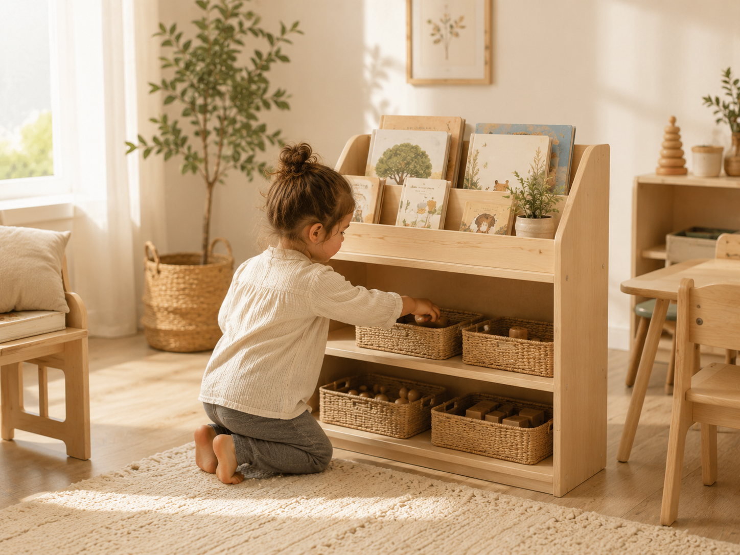 Kids toy organizer and front-facing bookshelf in a bright playroom