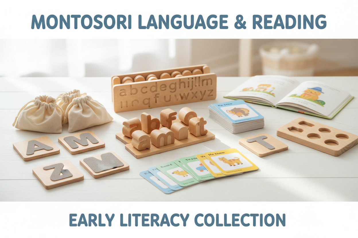 Montessori language and reading toys for toddlers featuring alphabet toys phonics cards sandpaper letters and early literacy activities