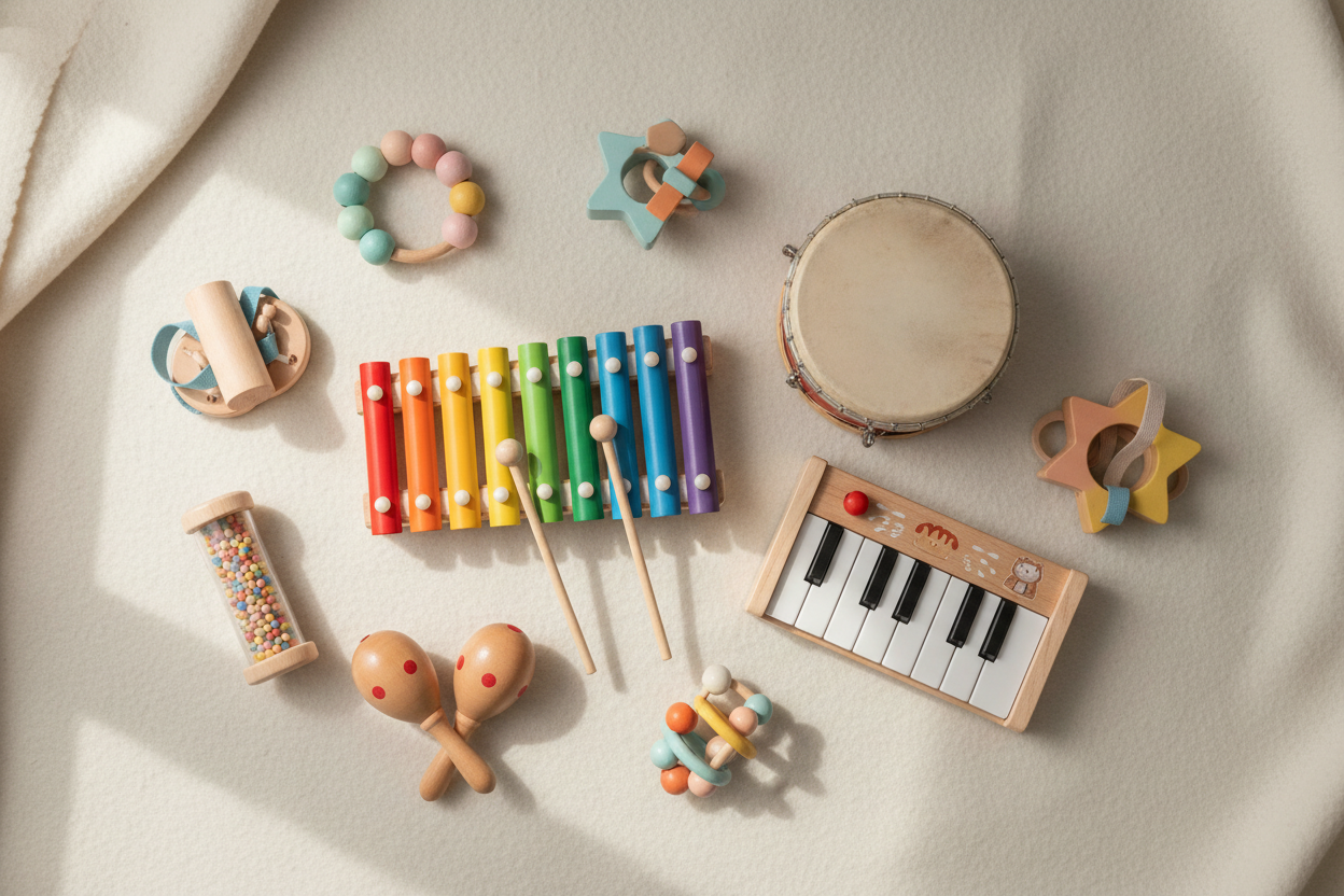 Montessori music and sound toys for toddlers featuring xylophones drums mini keyboards rattles and sensory musical play activities