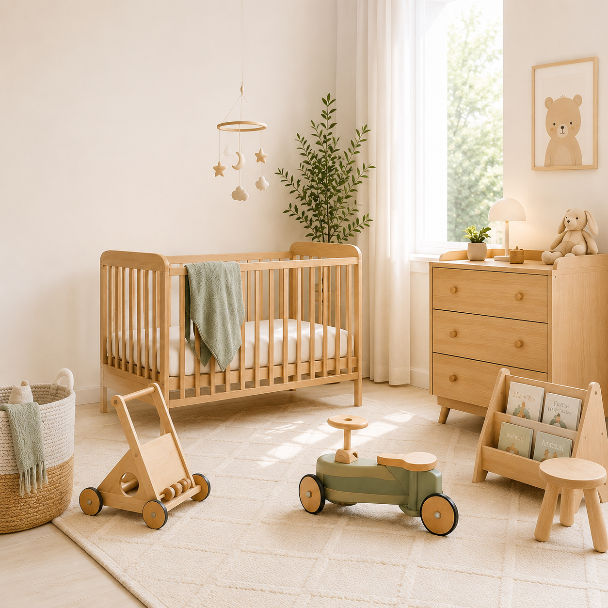 Warm nursery with a wooden baby crib, toddler furniture, dresser and child-sized seating