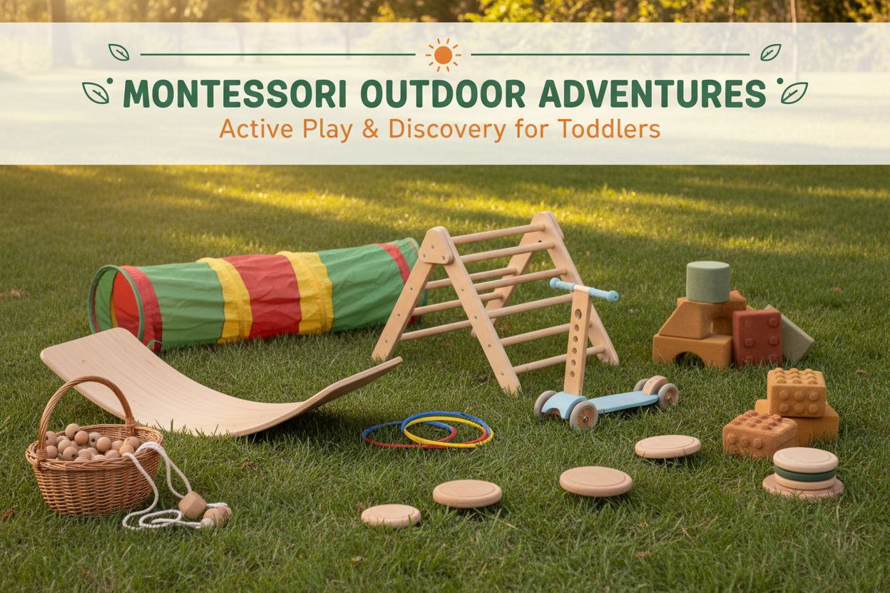 Montessori outdoor and active play toys for toddlers featuring climbing toys balance boards tunnels scooters and gross motor activities