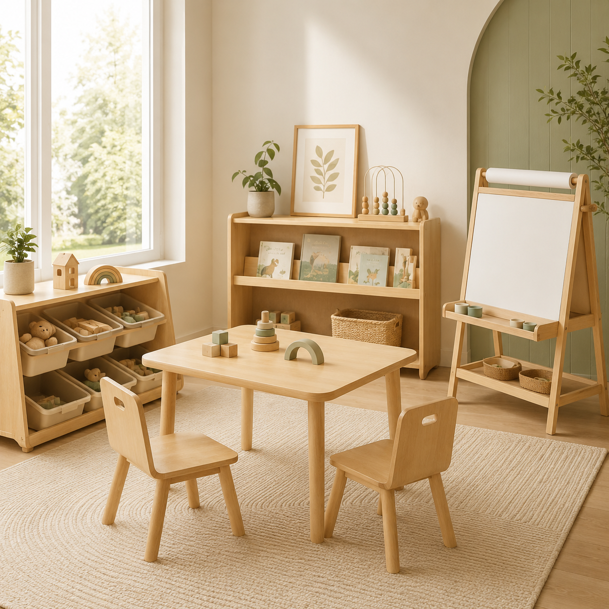 Kids playroom with a wooden art easel, play tent, reading furniture and activity station
