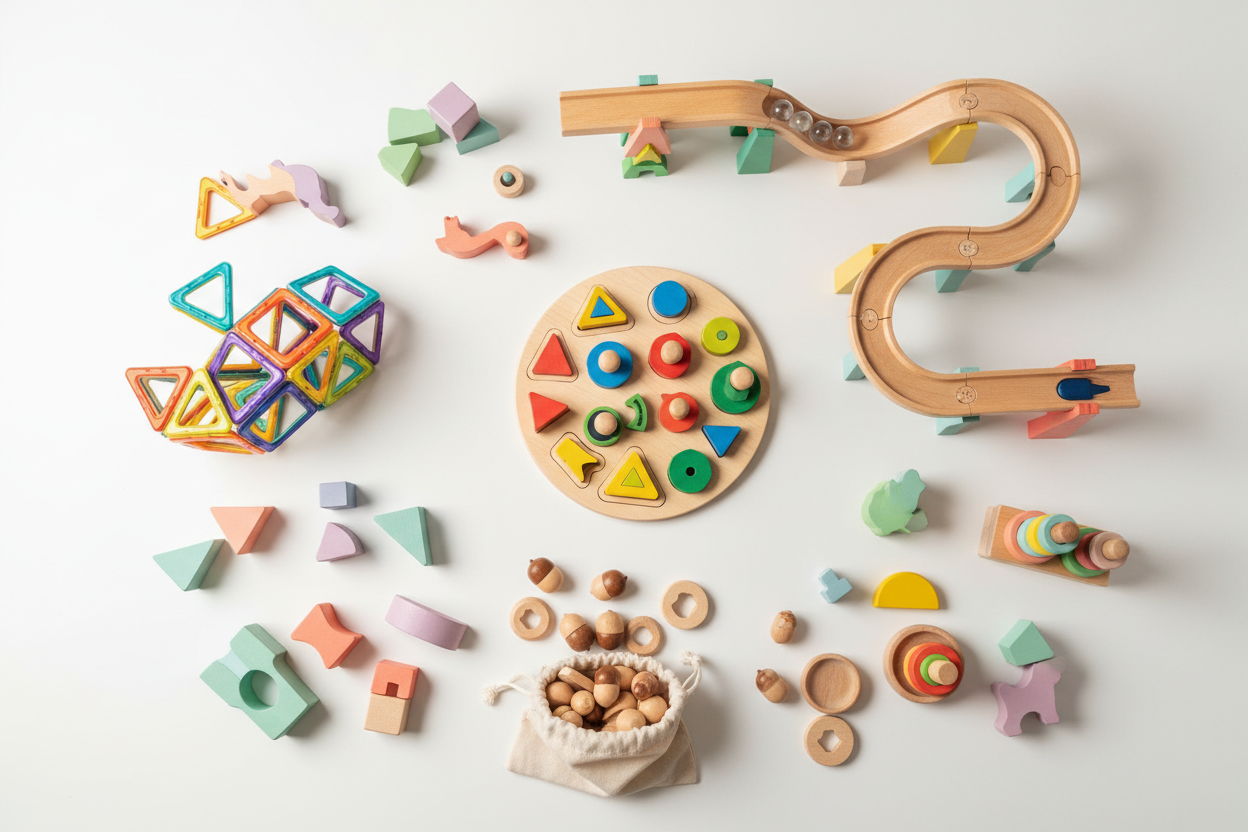 Wooden puzzles, shape sorters, counting toys and matching games for toddlers