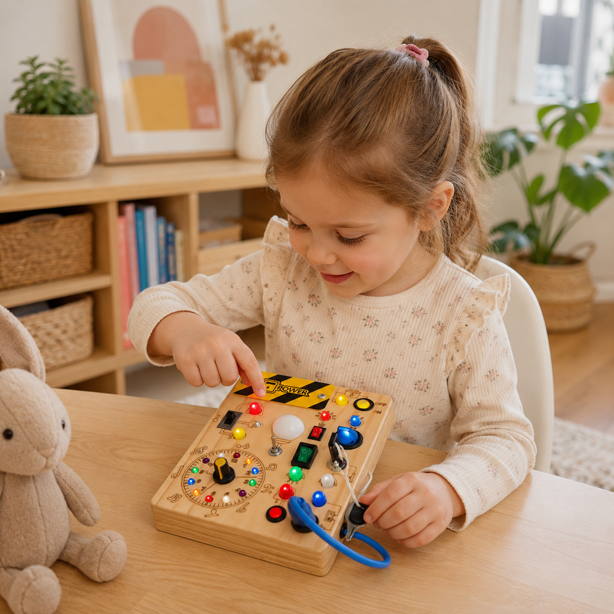 Wooden busy board with interactive switches and sensory activities for children