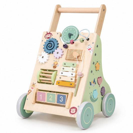 10-in-1 wooden baby walker with Montessori-inspired activity center