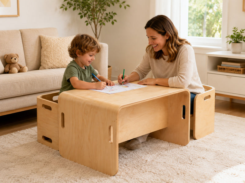 Wooden kids table and chair set with children drawing in a cozy playroom