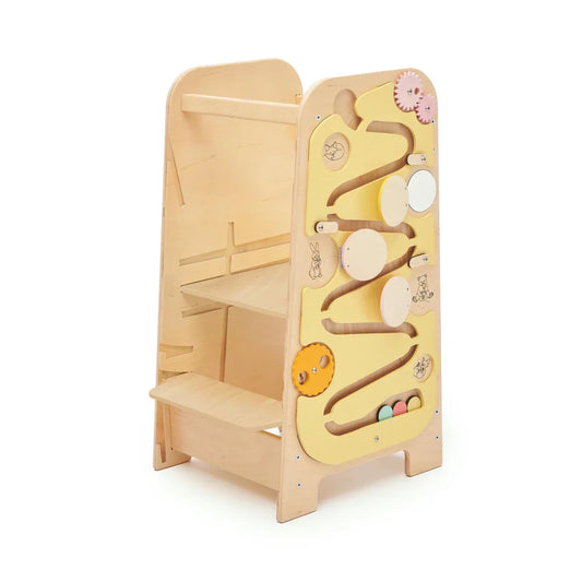 5-in-1 Montessori learning tower with busy board and kids desk