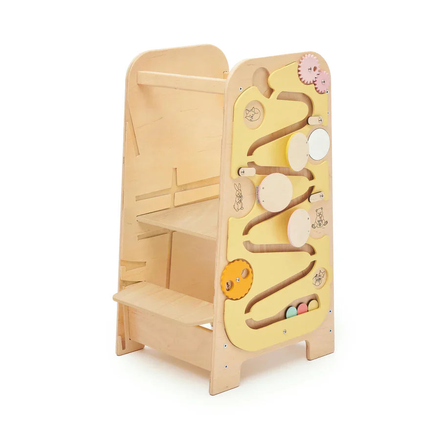 5-in-1 Montessori learning tower with busy board and kids desk