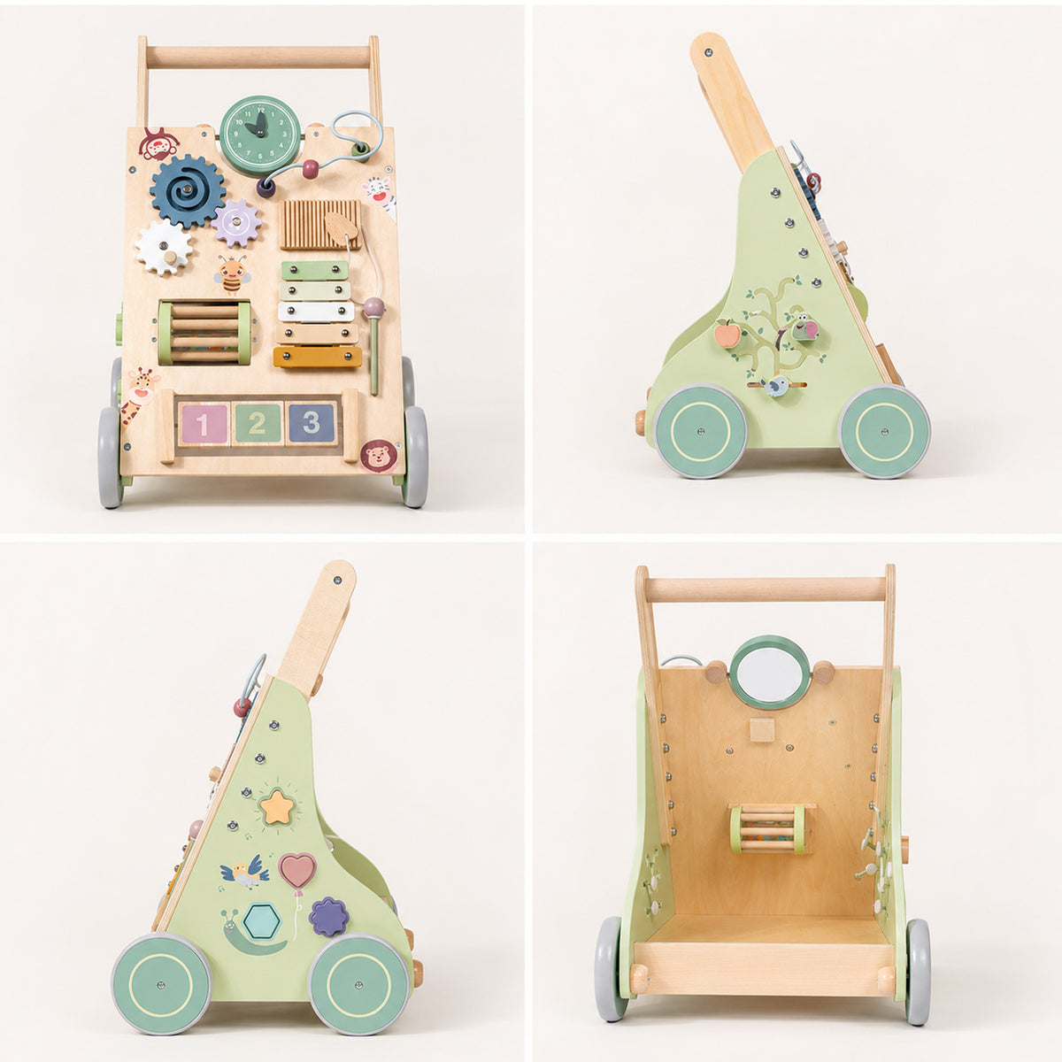 Xylophone activity on Montessori-inspired wooden baby walker
