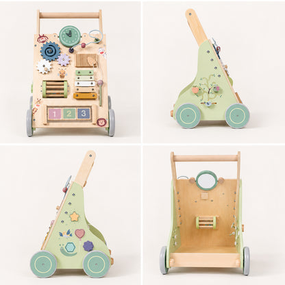 Xylophone activity on Montessori-inspired wooden baby walker

