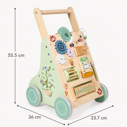 Spinning gears for fine motor play on wooden baby walker