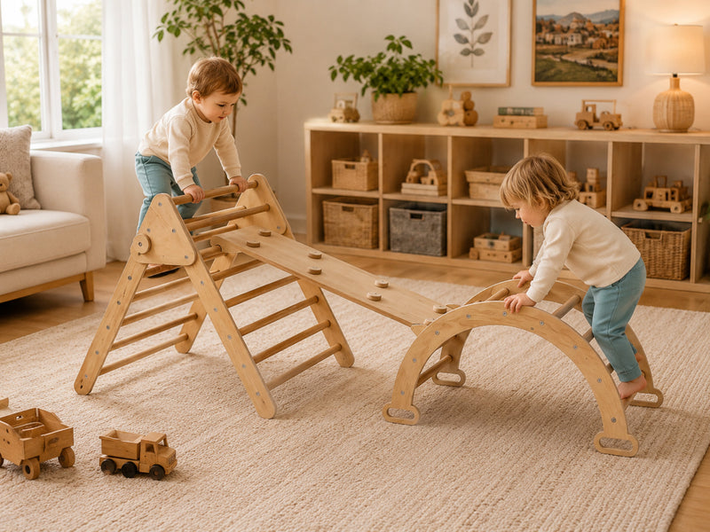 Montessori indoor climbing set with children exploring and developing motor skills
