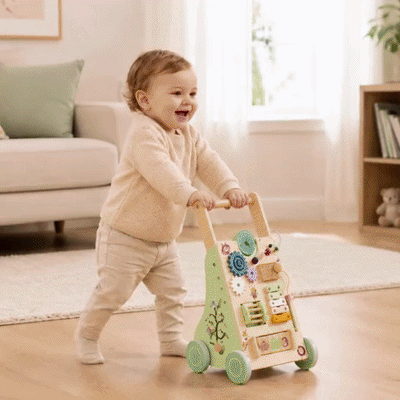 Front view of wooden baby push walker with interactive activity panel