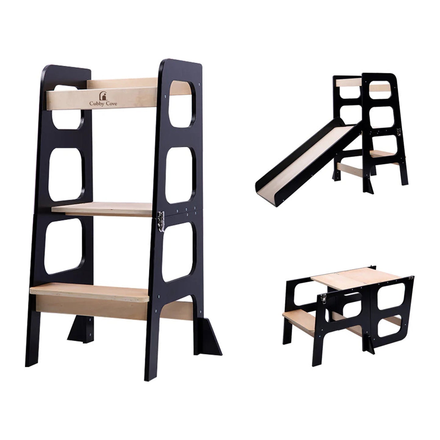 3 in 1 toddler tower that works as a kitchen helper stool, activity table, and indoor slide