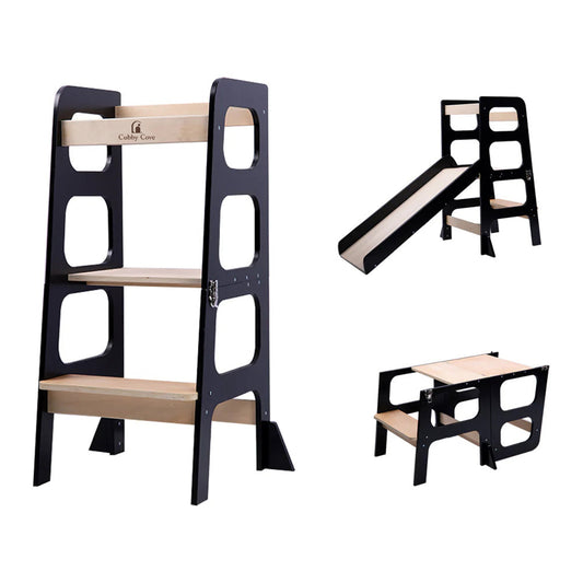 3 in 1 toddler tower that works as a kitchen helper stool, activity table, and indoor slide