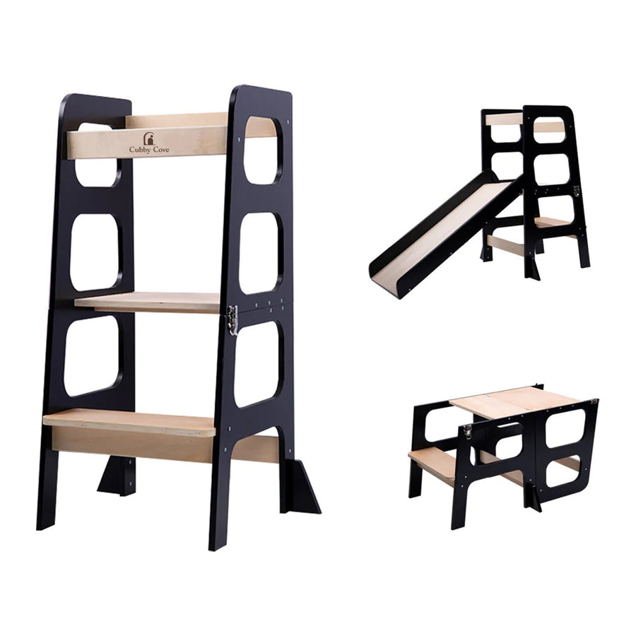 3 in 1 toddler tower that works as a kitchen helper stool, activity table, and indoor slide