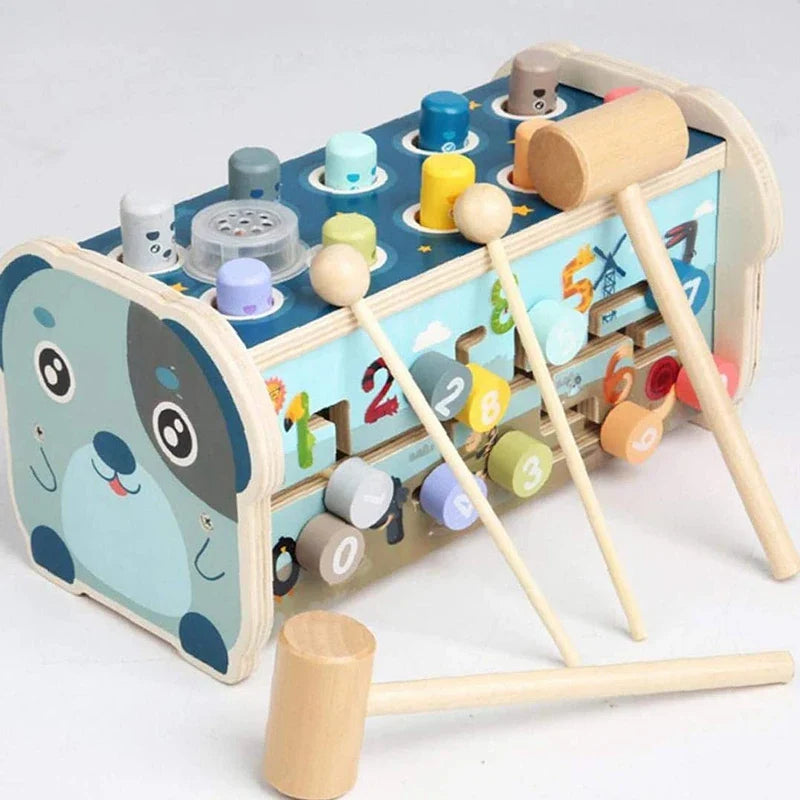 3-in-1 wooden activity toy combining music hammering and sorting activities