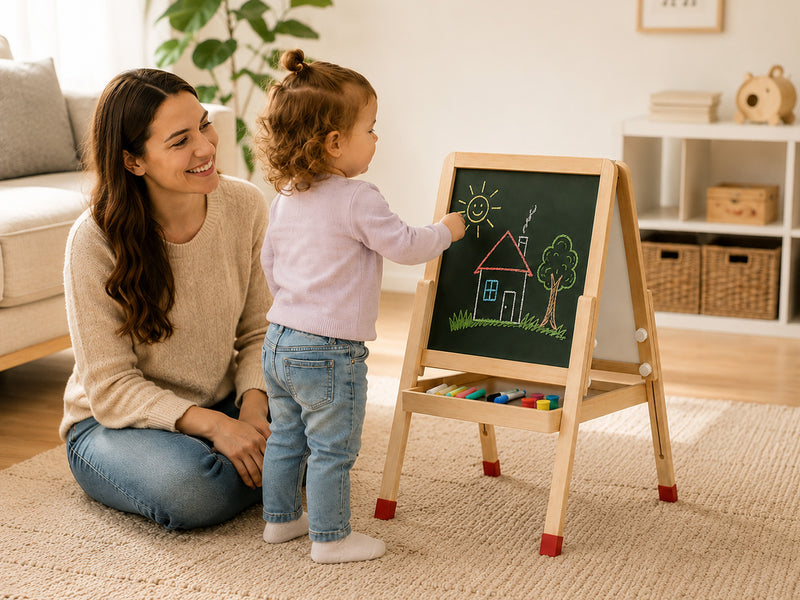 Wooden kids easel chalkboard used for creative drawing and learning activities