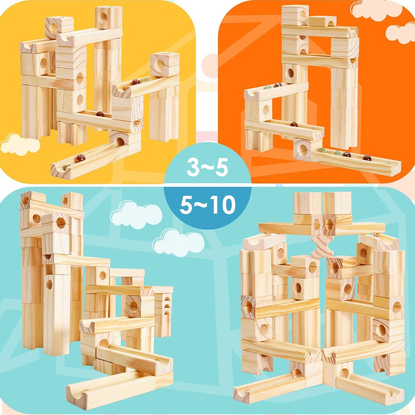 3D wooden marble run construction toy with open-ended building possibilities