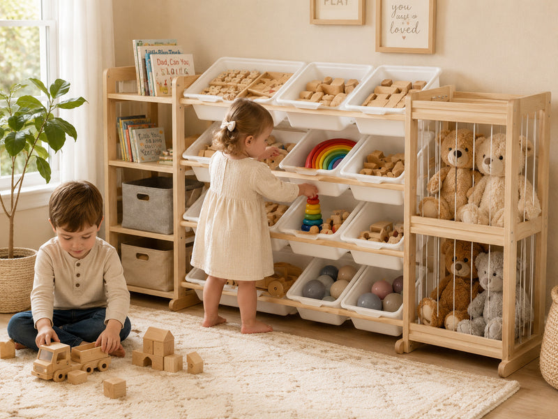 Montessori toy storage shelf with children organizing wooden toys in a playroom