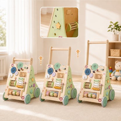 Toddler practicing early steps with a wooden baby push walker