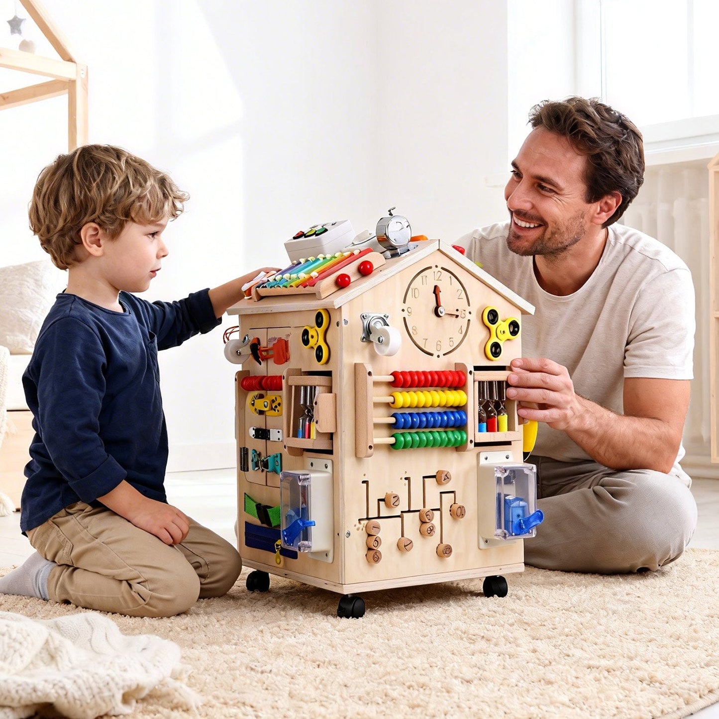 Wooden Busy House Activity Toy - with Wheels for kids and family play, image 4
