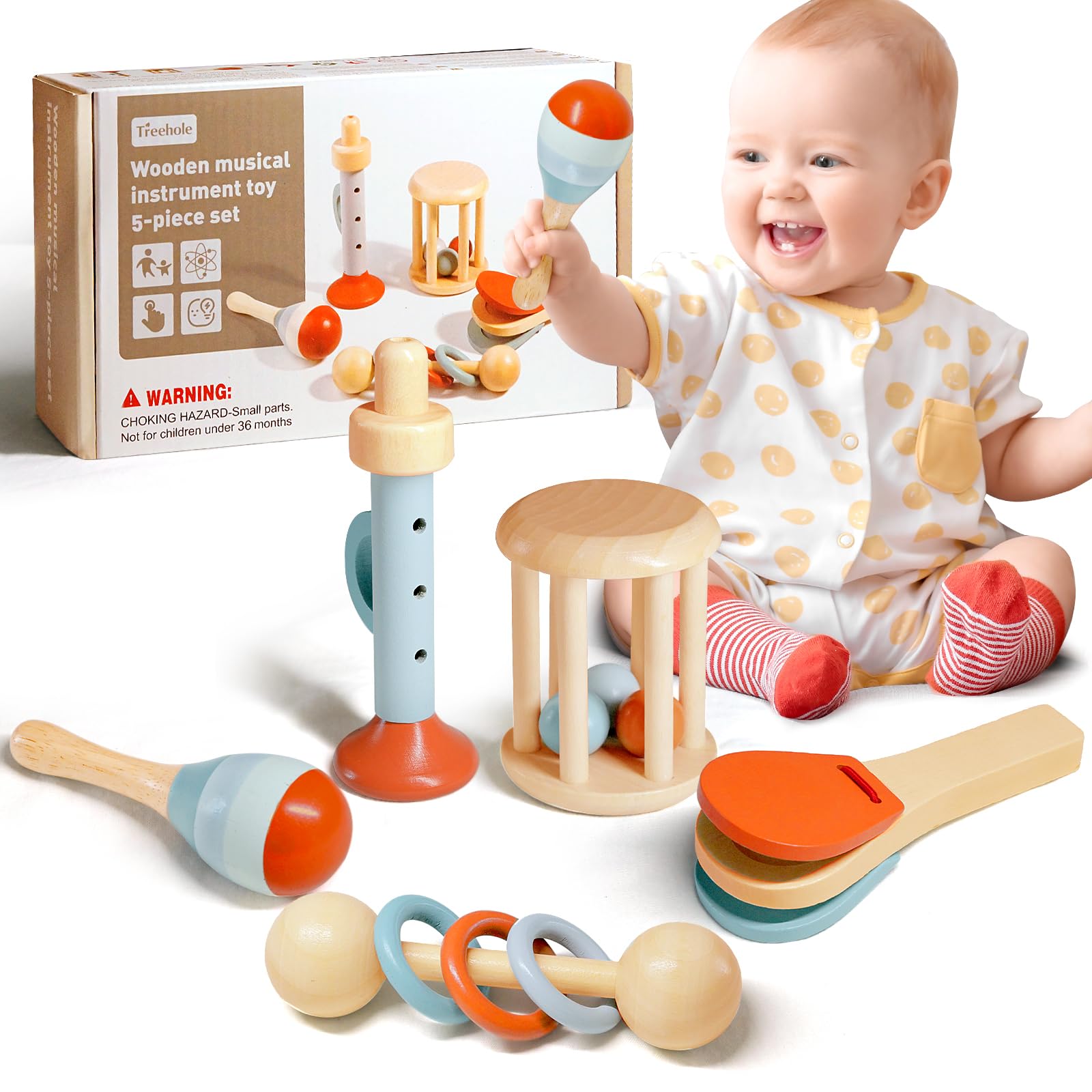 5 piece wooden musical instruments set including maracas rattle trumpet and castanets