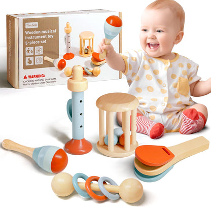 5 piece wooden musical instruments set including maracas rattle trumpet and castanets