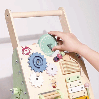 Wide-base wooden toddler walker designed for steady pushing practice