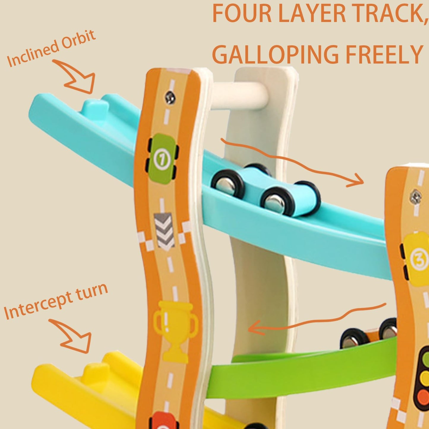 Six colorful wooden cars included with Montessori ramp toy