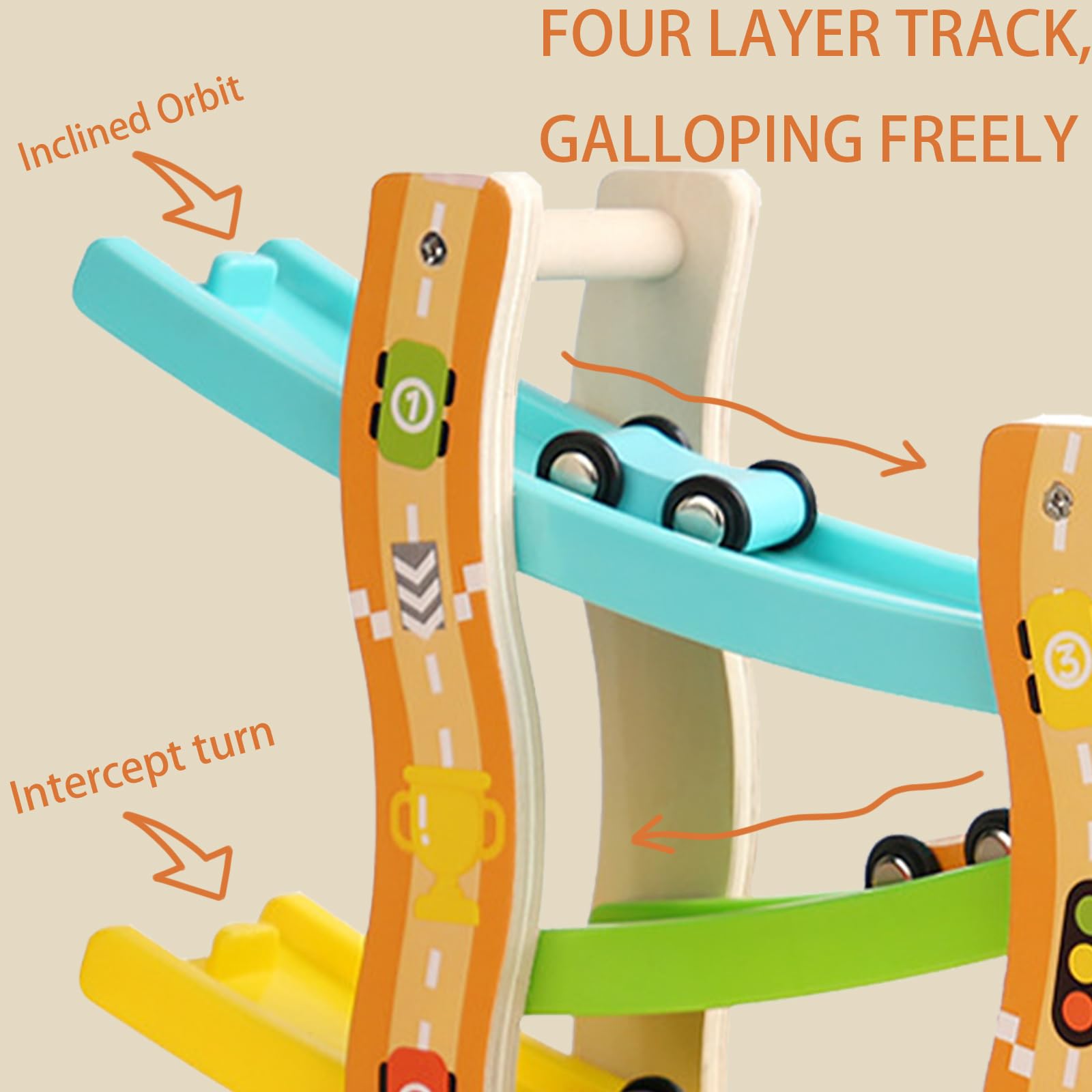 Six colorful wooden cars included with Montessori ramp toy