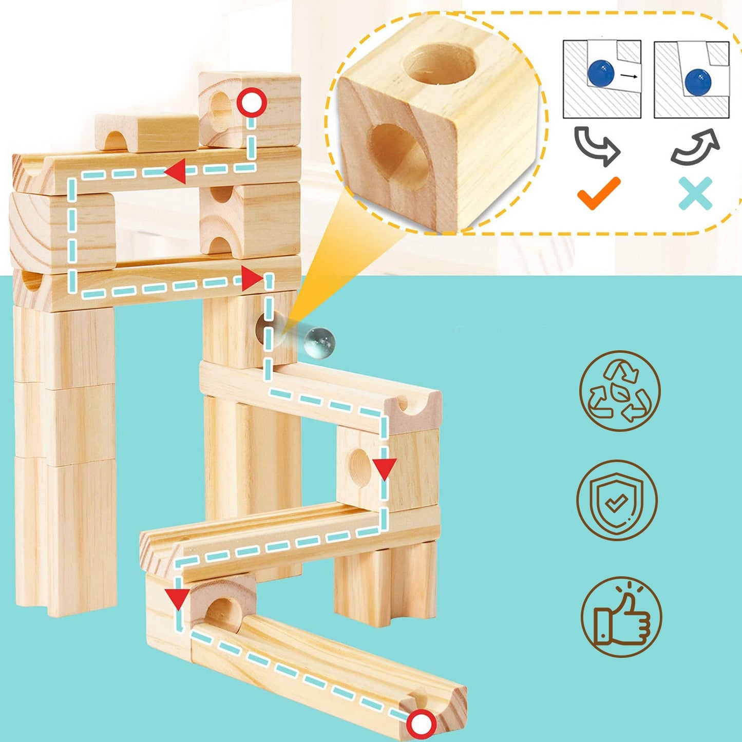 60-piece wooden marble run set for beginners