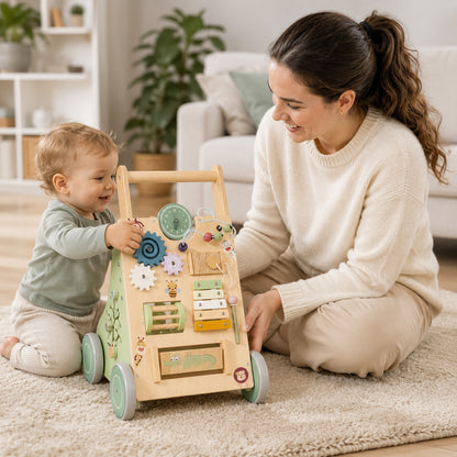 Built-in toy storage compartment on wooden activity walker