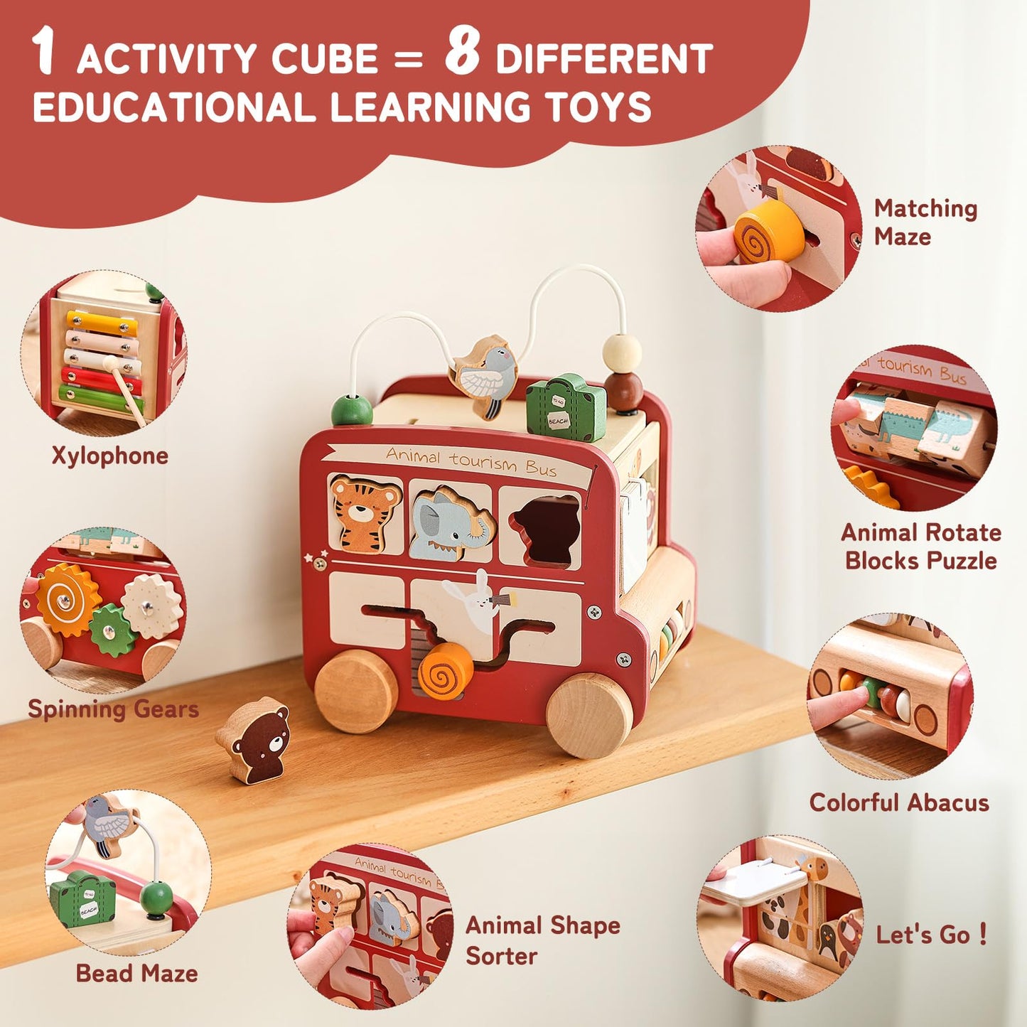 8-in-1 Montessori Busy Bus with multiple learning activities