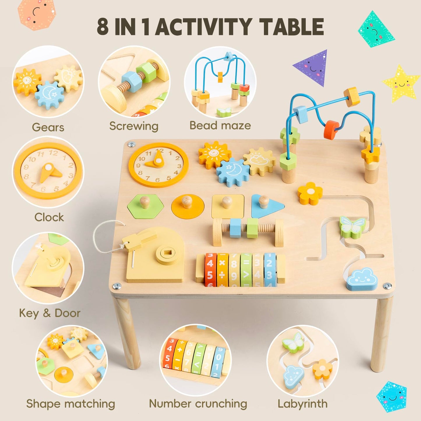 Eight interactive activities on a Montessori learning table for children