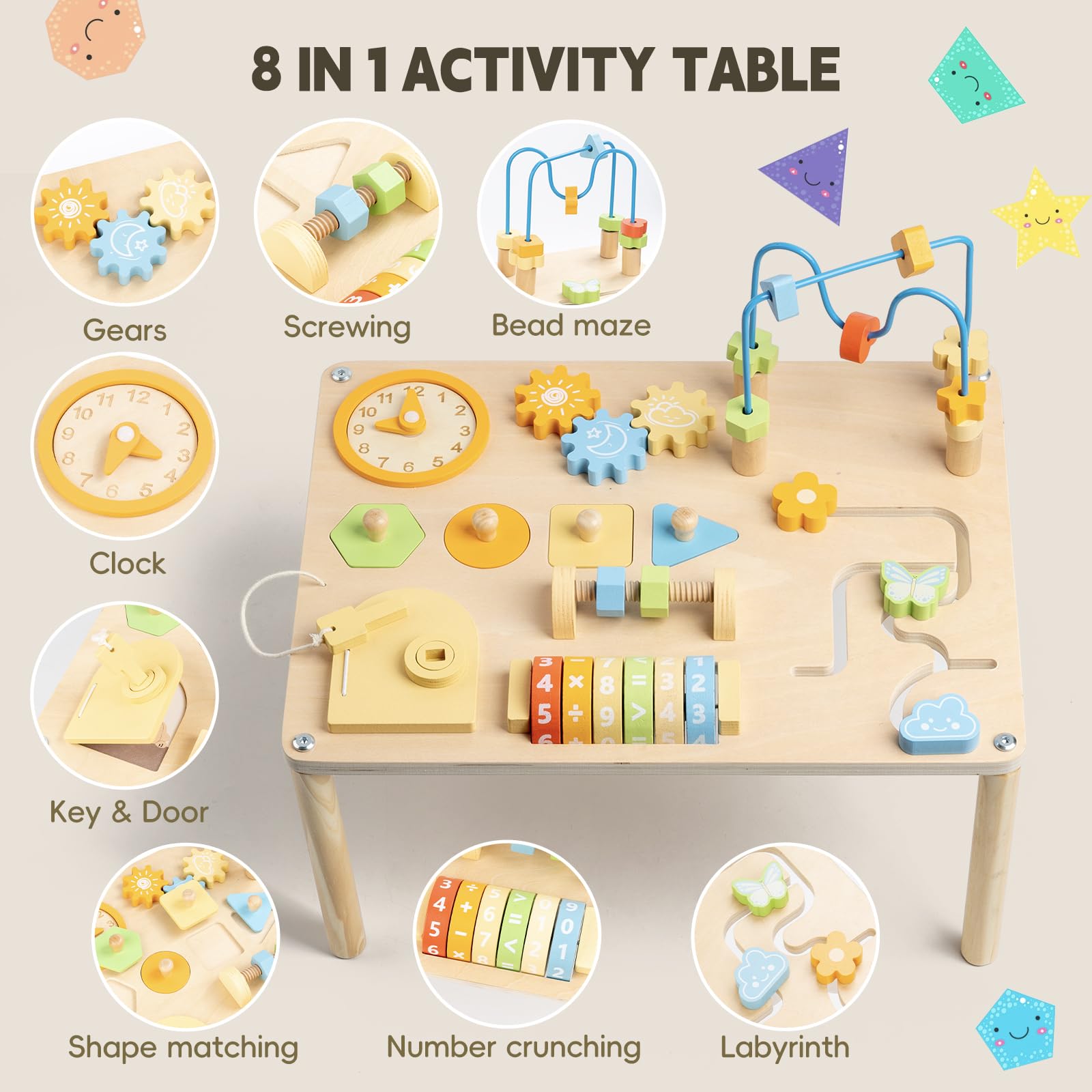 Eight interactive activities on a Montessori learning table for children