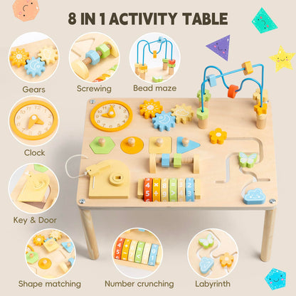 Eight interactive activities on a Montessori learning table for children