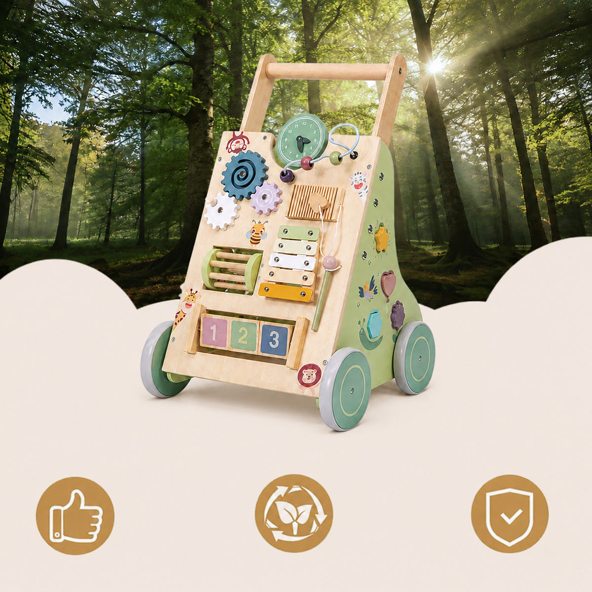 Wooden baby walker with colorful bead maze activity