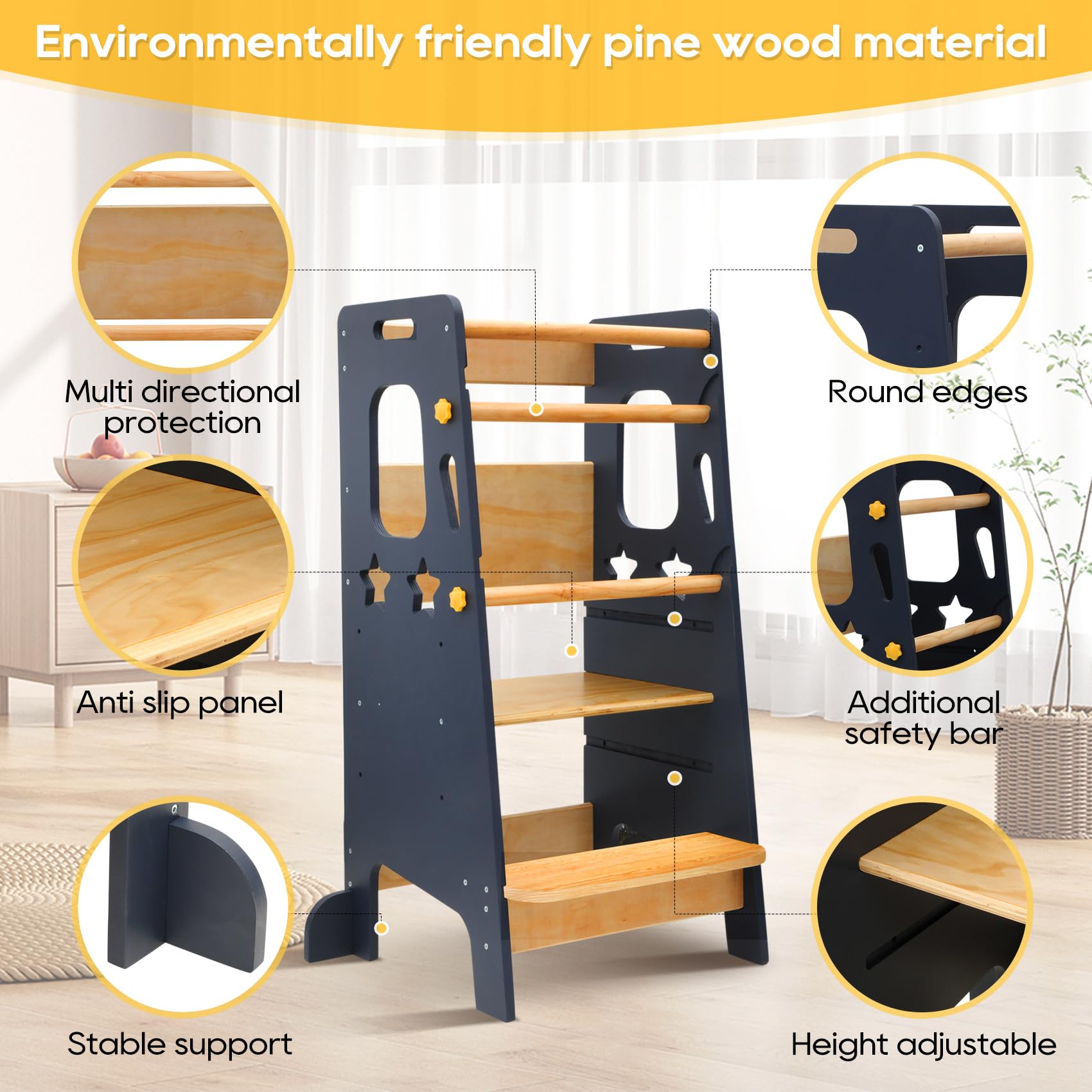 Classic Solid Wood Learning Tower - Gray for kids and family play, image 10
