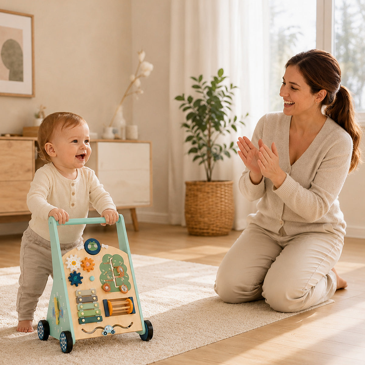Wooden baby push walker for toddlers practicing their first steps