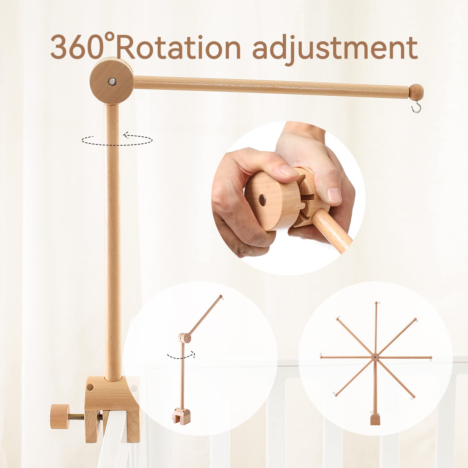 Adjustable height feature of wooden crib mobile arm
