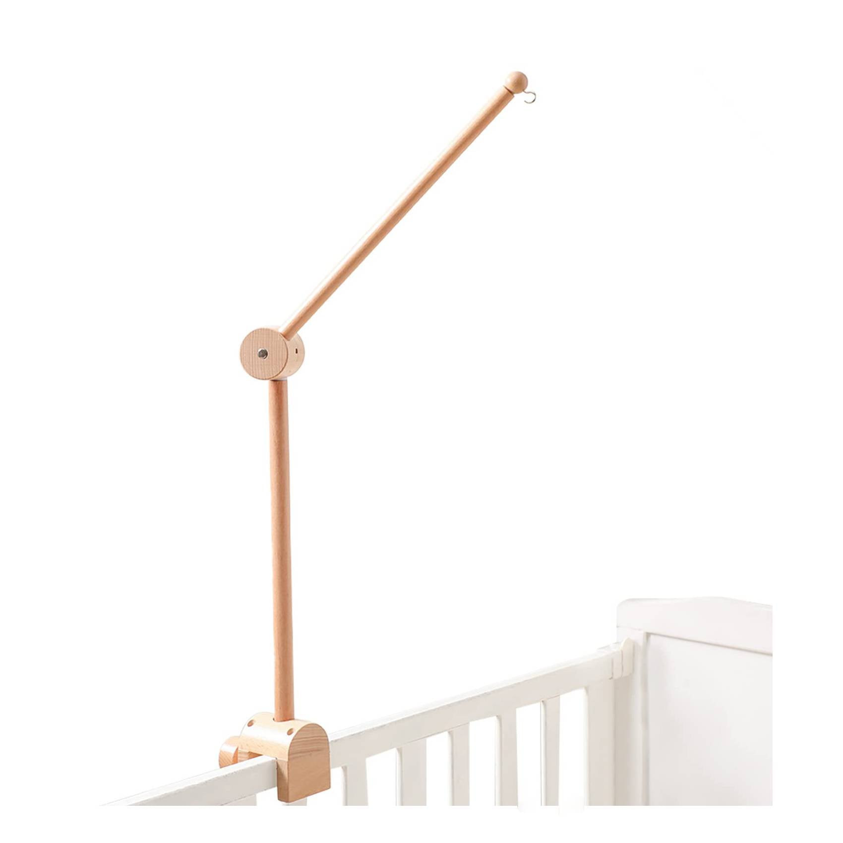Adjustable wooden crib mobile holder mounted on baby bed
