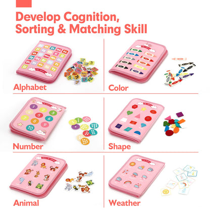 Busy board with alphabet letters for early learning and preschool practice