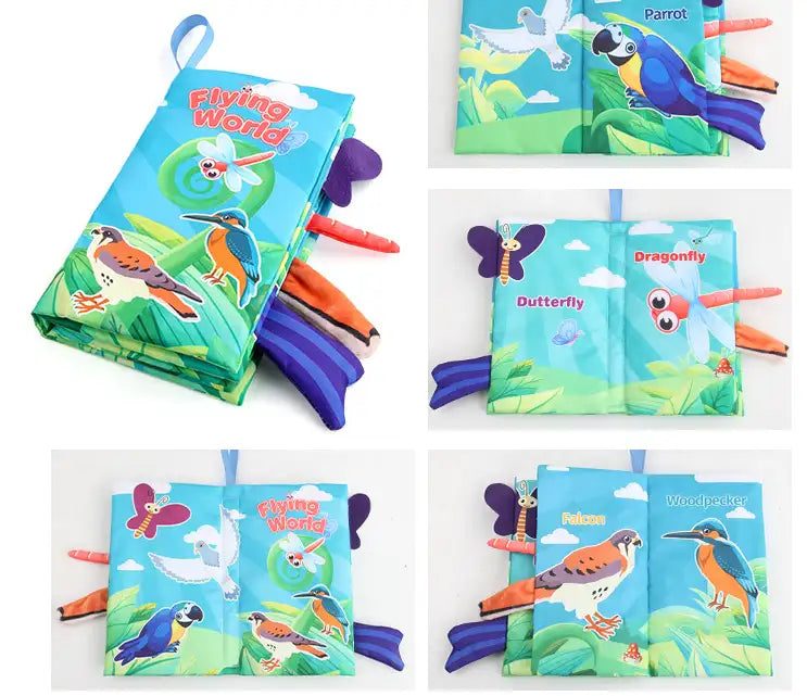 Baby cloth book with flying animals and interactive sensory features